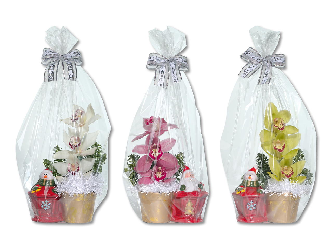 Composition florale de 3 fleurs d'orchidées dans une figurine de Noël