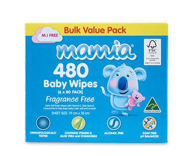 Mamia Baby Wipes Fragrance Free 480pk