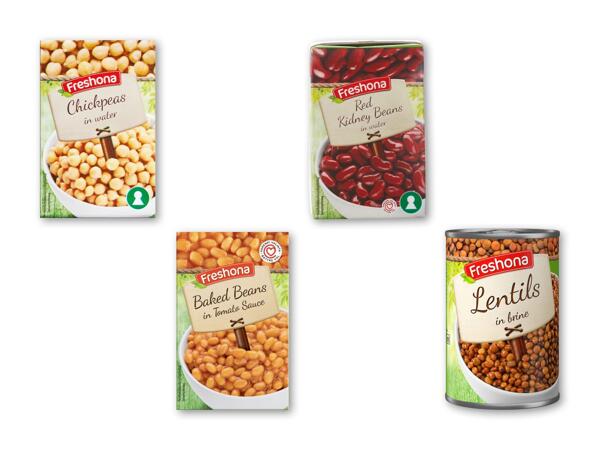 Kikærter, kidneybønner i vand, baked beans eller linser i lage