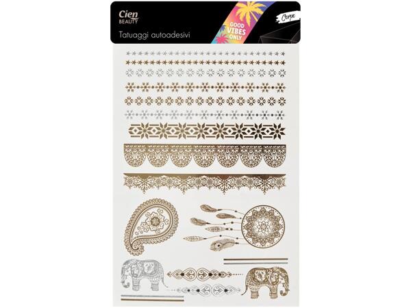 Clip-in hair tinsel, self-adhesive face jewels, stick-on tattoos or self-adhesive nail stickers