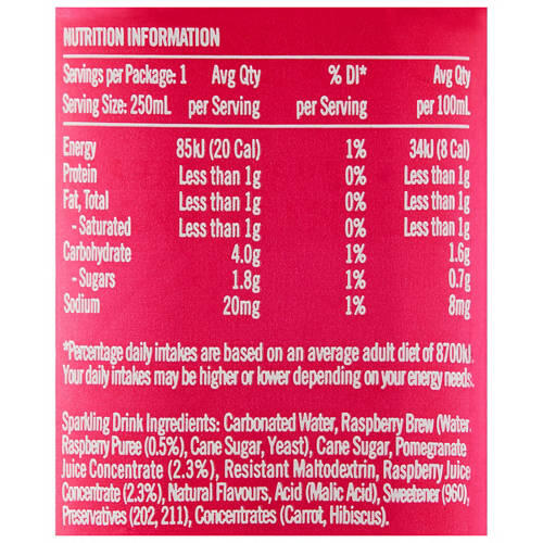 Brewed Raspberry + Pomegranate 4 Pack 250ml