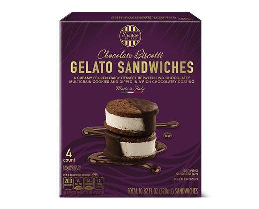 Sundae Shoppe 
 Vanilla or Chocolate Biscotti Gelato Dipped Sandwiches