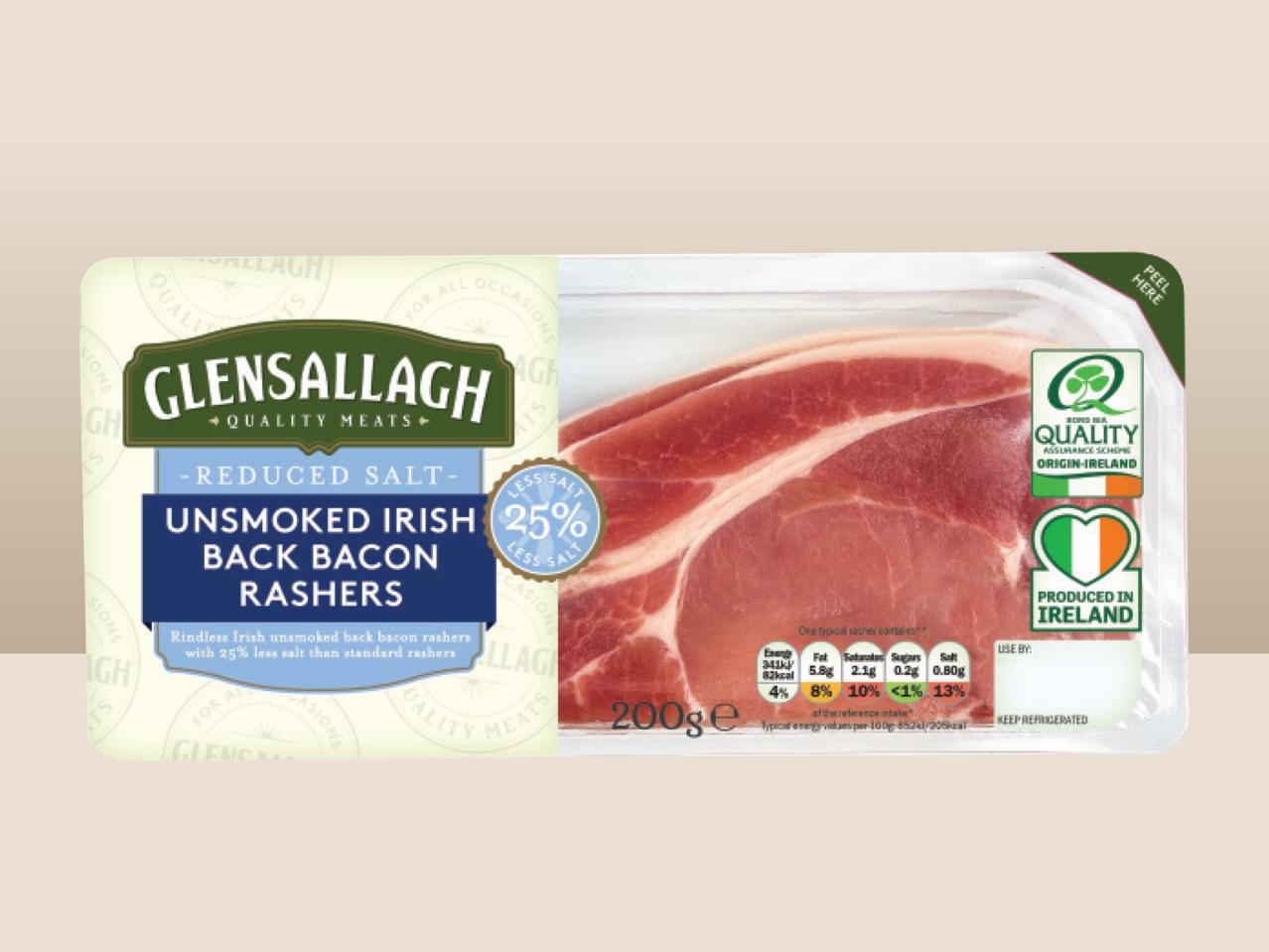 GLENSALLAGH Reduced Salt Unsmoked Irish Back Bacon Rachers
