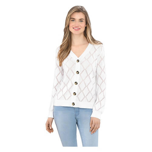 Ladies Pointelle Cardigan - White, L