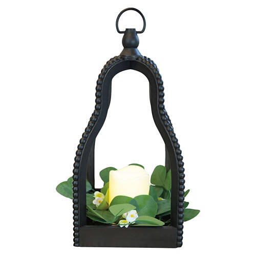 Beaded Lantern with LED Candle - Black, Curved