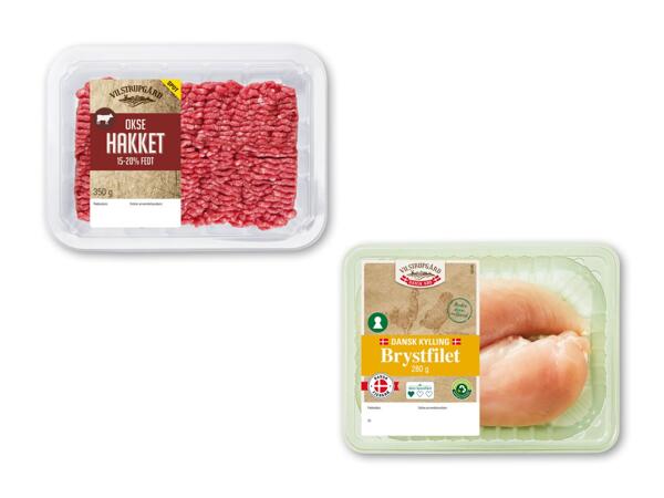 Hakket oksekød eller dansk kyllingebrystfilet