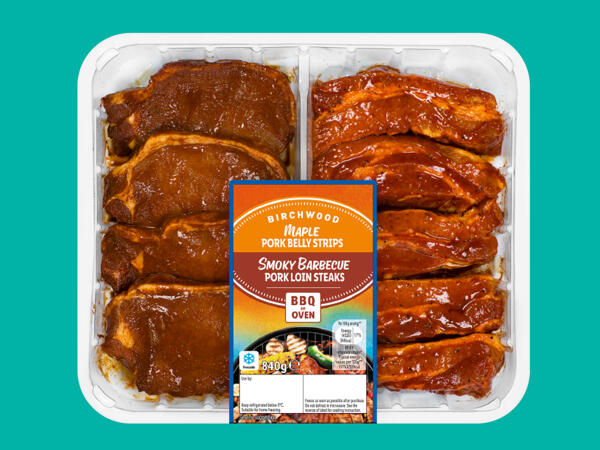 Birchwood Maple Pork Belly Strips & Smoky Barbecue Pork Loin Steaks