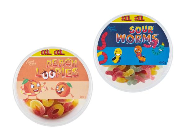 Sour worms/​anneaux à la pêche XXL
