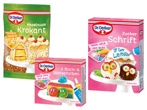 DR. OETKER 4 Back- und Speisefarben, Haselnuss-Krokant oder Zucker-Schrift