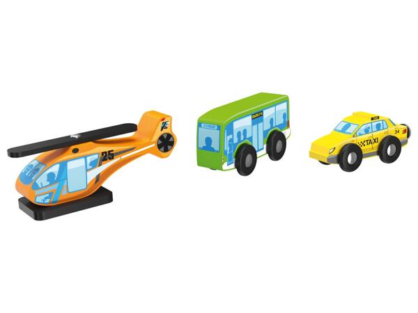 Wooden vehicles for rail and road sets, 3 pieces