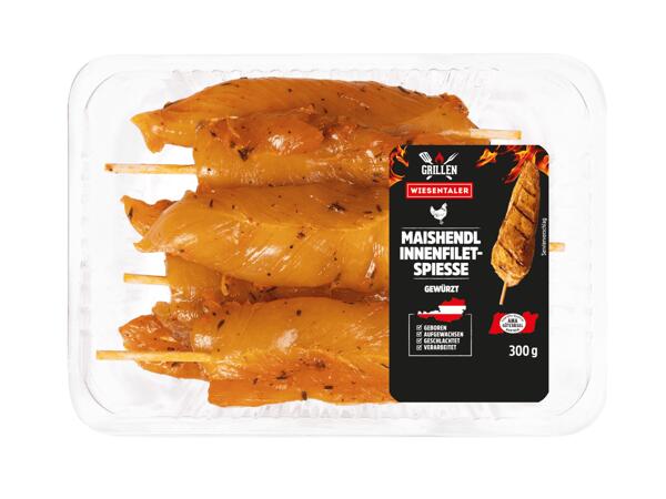 Frische Maishendl Innenfilet-Spieße gewürzt