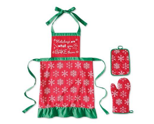 Merry Moments 
 3 Pc Apron, Oven Mitt and Potholder Set