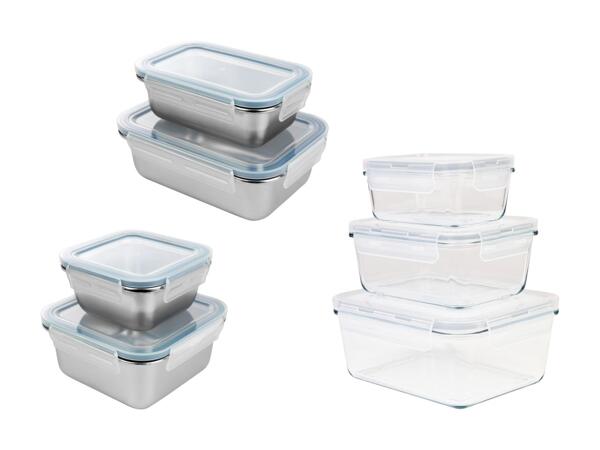 Edelstahl-Frischhaltedose, 2-teilig/​Glas-Frischhaltedose, 3-teilig