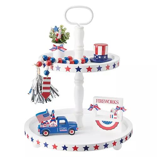 Americana Tiered Tray - White with Red/Blue Star Border