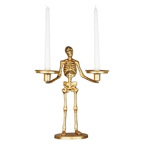 13" Tall Halloween Skeleton Candle Holder - Gold
