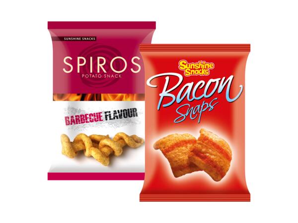 Sunshine Snacks Spiros BBQ flavour or Snaps Bacon Chips