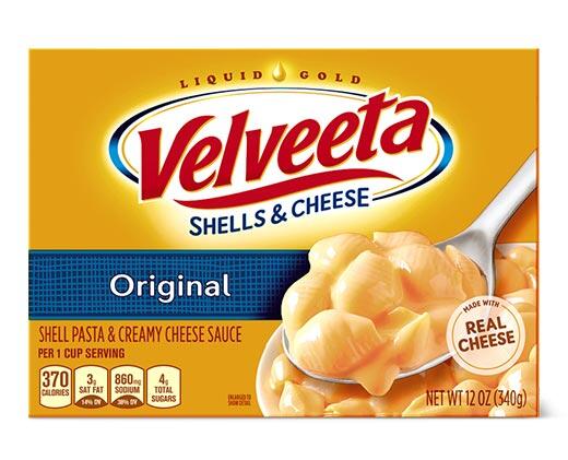 Velveeta or Kraft 
 Deluxe Shells or Macaroni and Cheese