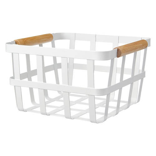 Metal Basket with Wood Handles, White
