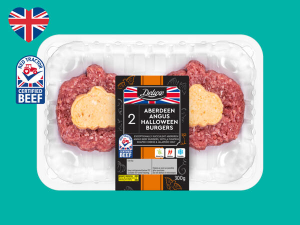 2 Aberdeen Angus British Beef Burgers with Pumpkin Shaped Cheese & Jalapeno Melt