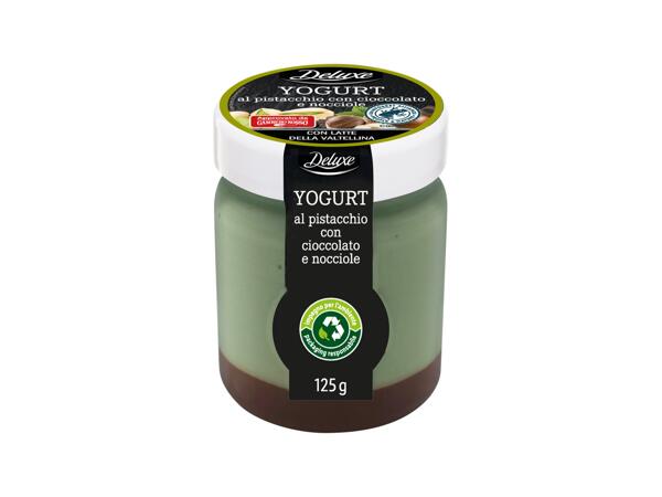 Pistachio yogurt with chocolate and hazelnuts