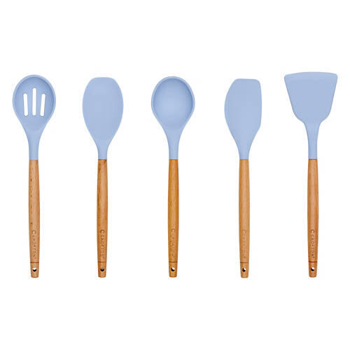 5 Piece Wood & Silicone Utensil Set, Blue