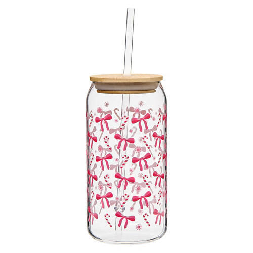 Holiday Glass Cup with Lid - Bow Icons