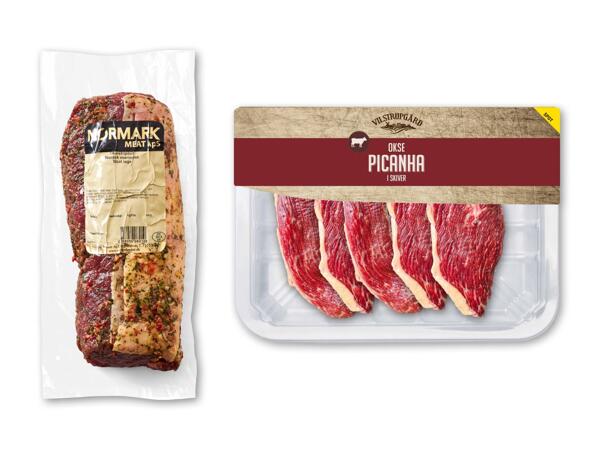 Marineret oksestriploin eller okse­picanha i skiver