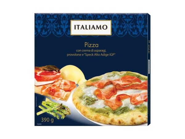 Pizza with Asparagus Cream, Provolone Cheese and "Speck Alto Adige PGI"