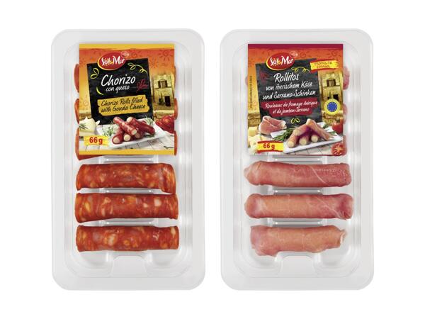 Rouleaux de fromage et chorizo/​jambon serrano