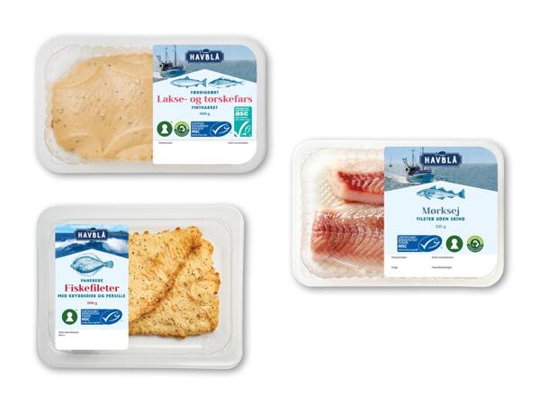 HAVBLÅ Lakse- og torskefars, mørksejfilet eller panerede fiskefileter