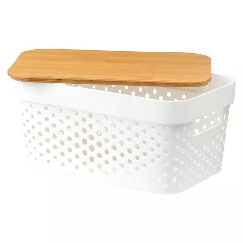 White Storage Basket with Bamboo Lid