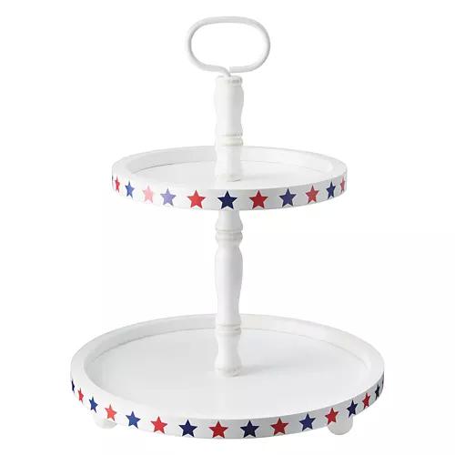 Americana Tiered Tray - White with Red/Blue Star Border