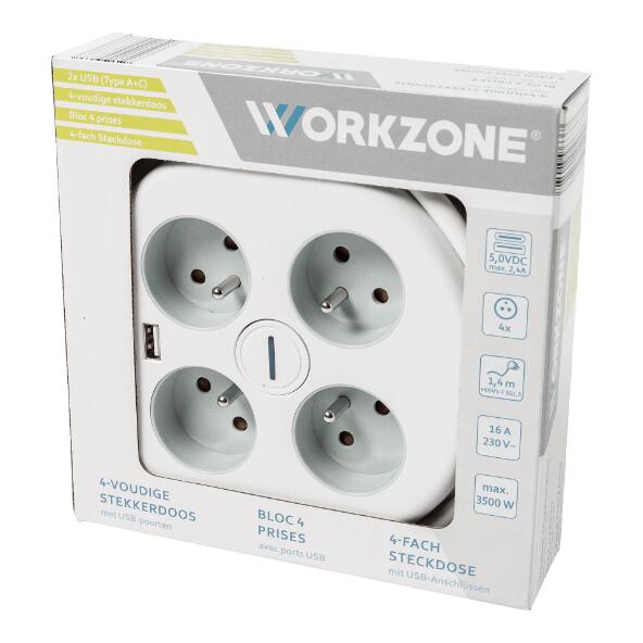 WORKZONE(R) 				Mehrfachsteckdose mit USB-Anschlüssen
