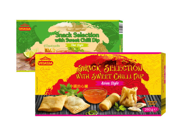 Asian Snack Selection with Sweet Chili Dip