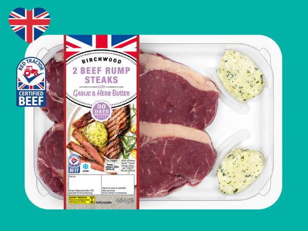 2 British Beef 30-Day Matured Rump Steaks with Garlic & Herb Butter