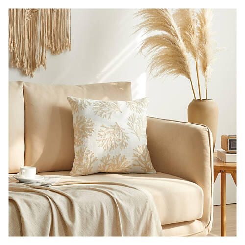 Coastal Decorative Pillow - Beige Coral Embroidered