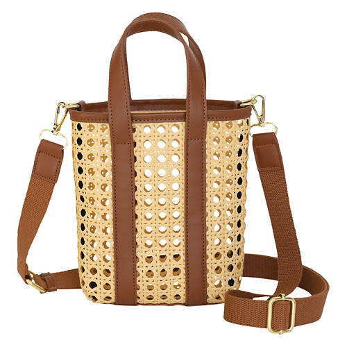 Mini Tote Rattan Crossbody Bag, Brown