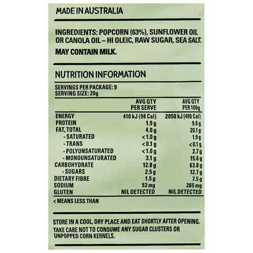 Natural Popcorn Lightly Salted Slightly Sweet 180g
