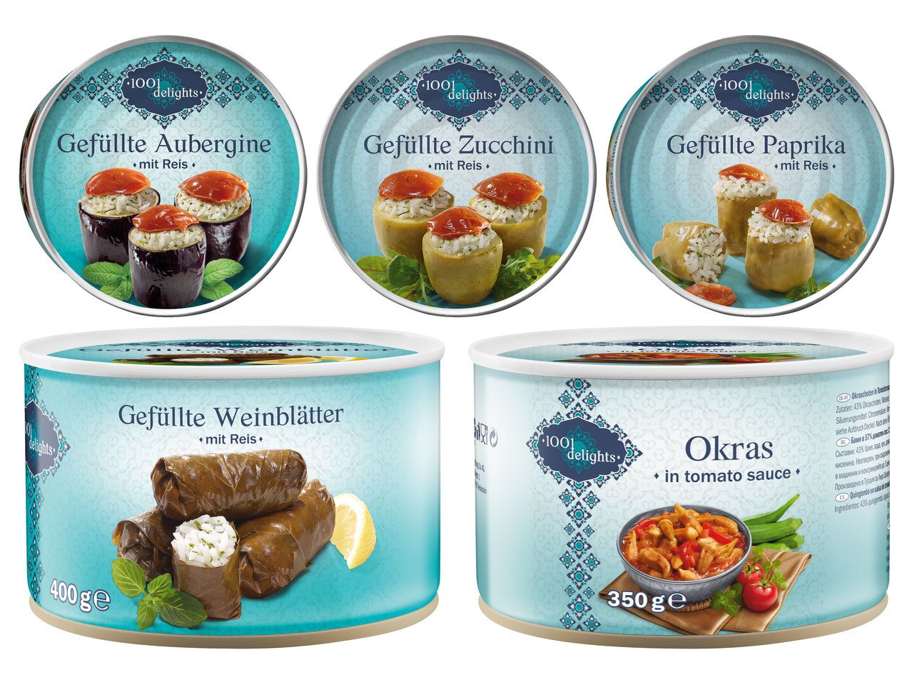 1001 DELIGHTS Gefüllte Weinblätter/Aubergine/ Zucchini/Paprika oder Okraschoten in Tomatensauce