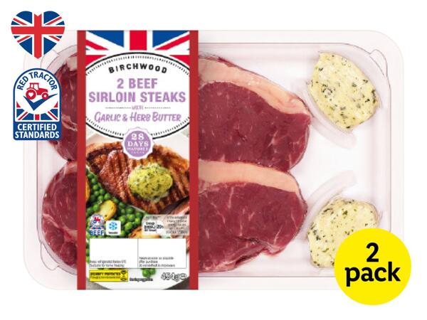 Birchwood 2 Beef Sirloin Steaks with Garlic & Herb Butter