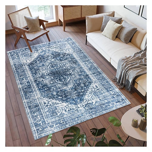 5' x 7' Chenille Washable Area Rug - Navy Traditional