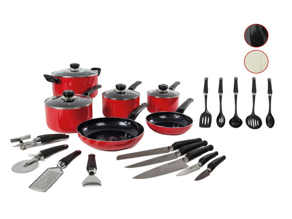 6 Piece Frying Pan and Saucepan set with 14 piece tool set