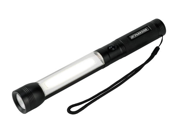 PARKSIDE(R) LED-arbejdslygte Med sidelygte og frontlygte – kan tændes separat. Håndtag med kraftig magnet og håndstrop. Inkl. batteri.
