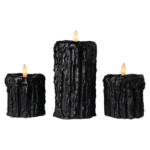 3 Pack LED Drippy Wax Pillar Candles, Black