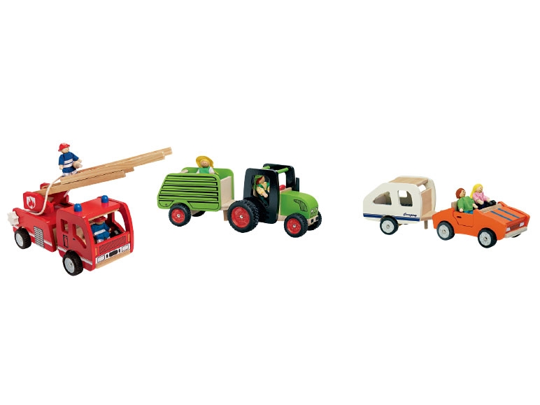 PLAYTIVE JUNIOR Wooden Fire Engine, Car with Caravan or Tractor with Trailer
