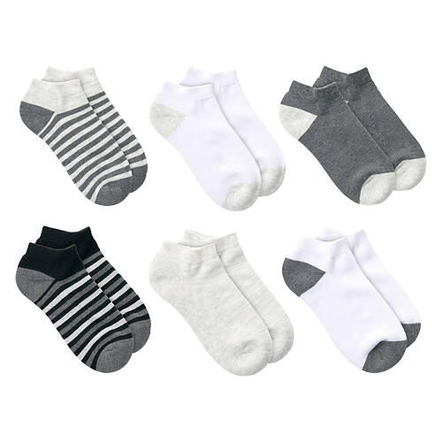 6 Pack Children's No Show Socks - Grey, Large