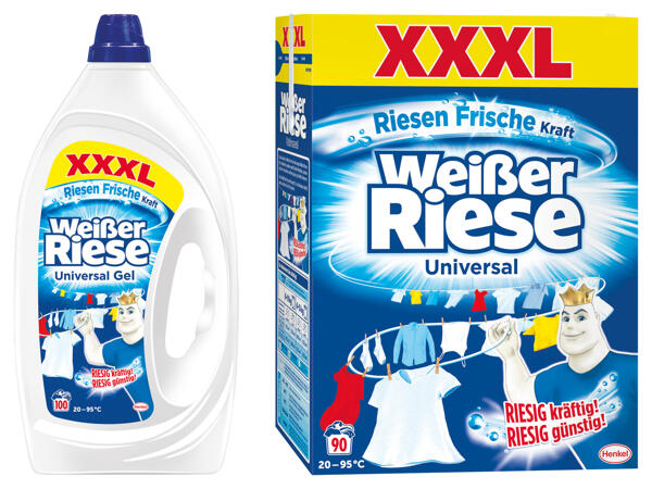 Weißer Riese Waschmittelpulver oder Flüssigwaschmittel
