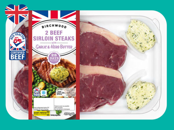 2 Beef 28-Day Matured Sirloin Steaks with Garlic & Herb Butter
