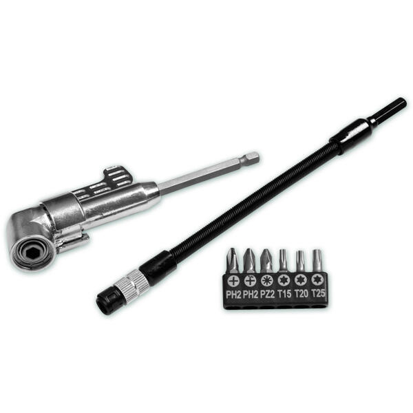 Winkelschraubvorsatz, flexibler Bit-Halter und Bit-Set 8tlg.