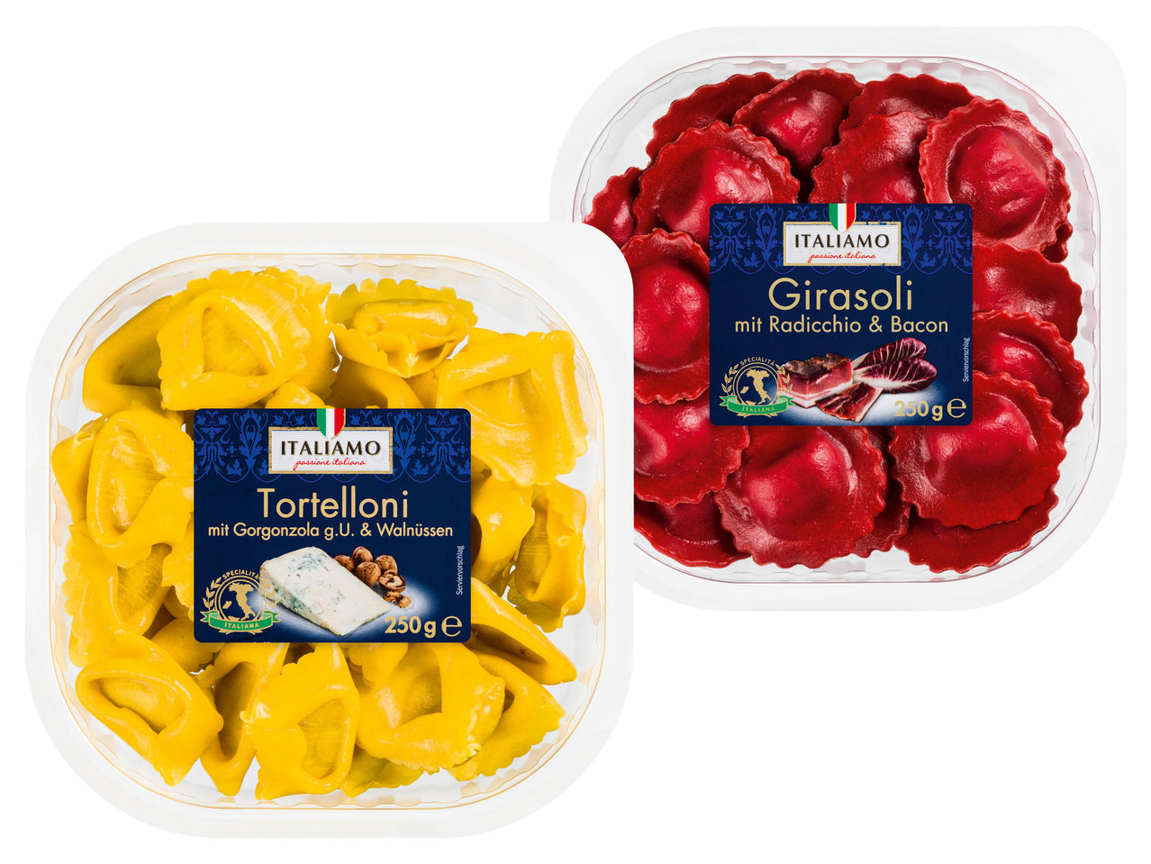ITALIAMO Tortelloni mit Nuss- und Gorgonzolafüllung/Girasoli mit Speck- und Radicchiofüllung